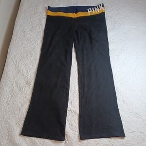 PINK Victoria's Secret Black Flare Pants with Yellow/Blue WV Mountaineer Waist